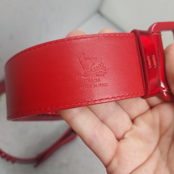 Christian Louboutin MENS LOUBI Red Logo Spike Studded Leather Belt - Picture 2 of 10